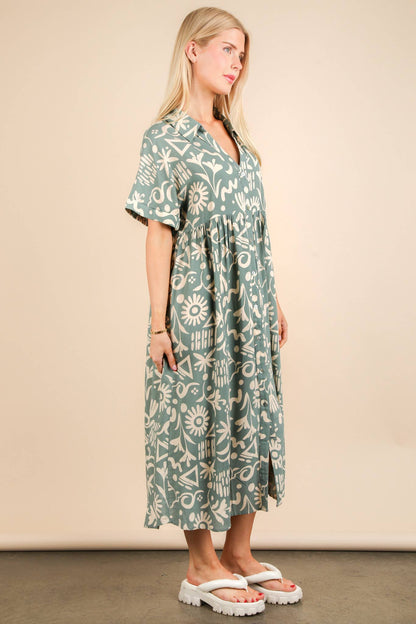 ND31583-Oversized Printed Shirt Midi Dress