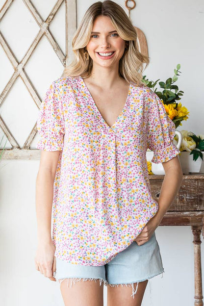 Tiny Flower Print V-Neck Ruffled Puff Sleeve Blouse T5051