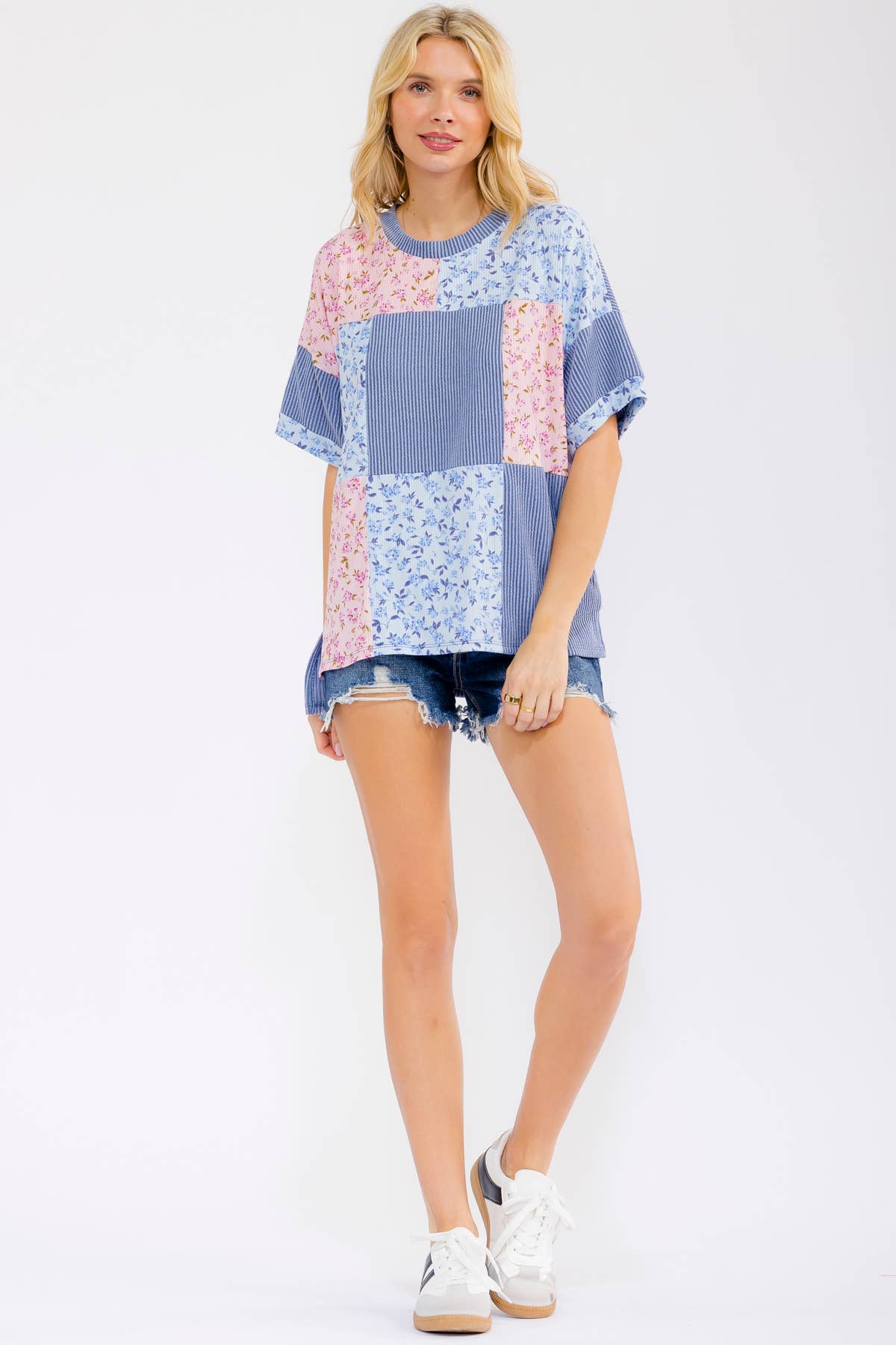 Floral Patchwork Short Sleeve Top Blue