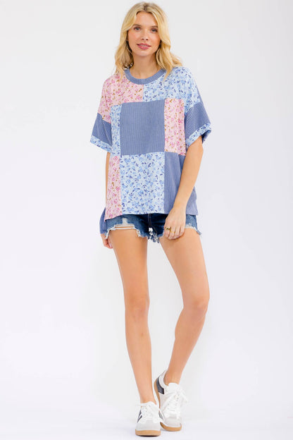 Floral Patchwork Short Sleeve Top Blue