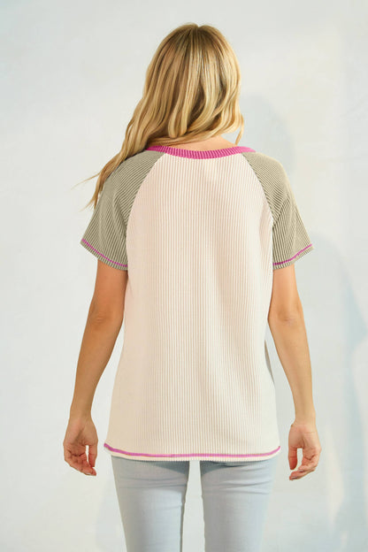 Color Block Button Front Raglan Short Sleeve Top T5954