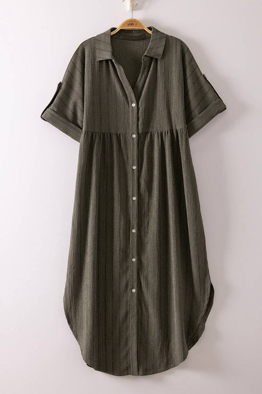 Striped Linen Midi Button Down Shirt Dress: OLIVE