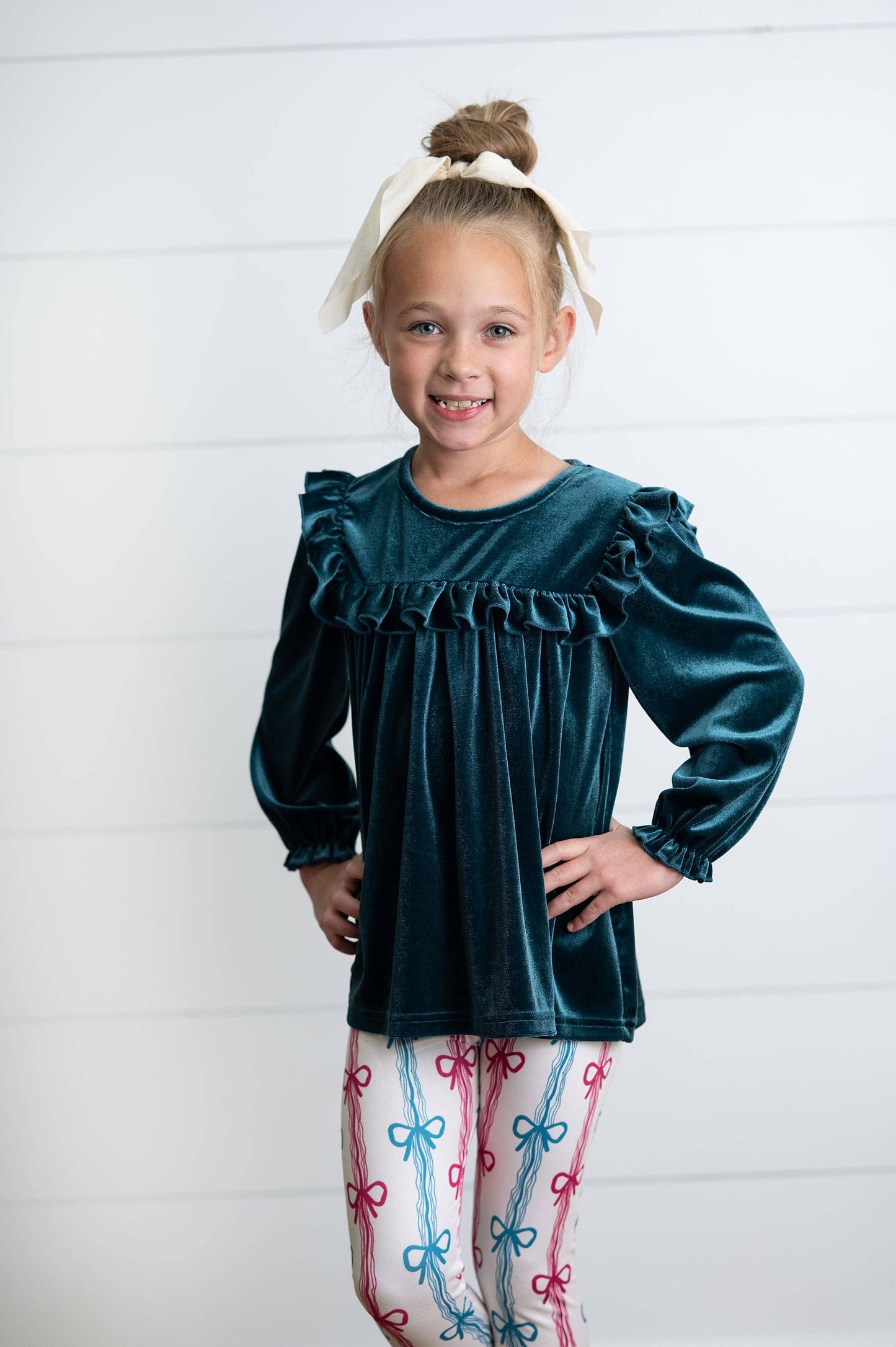 Girls Teal Velvet Coquette Bow Ruffle Fancy Pant Set
