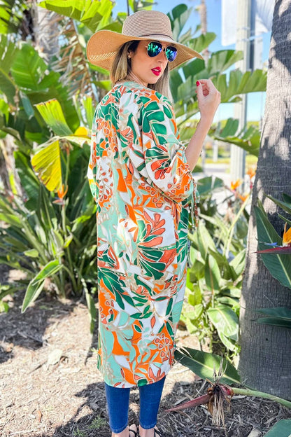 Green Multi Tropical Printed 3/4Tie Sleeve Satin Maxi Kimono