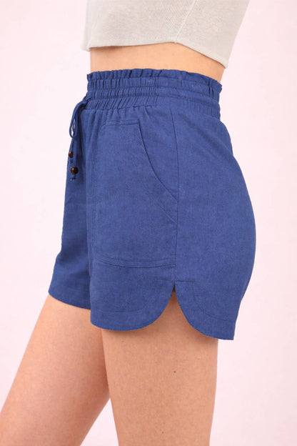 Blue Elastic Waist Solid Linen Shorts