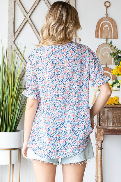 Tiny Flower Print V-Neck Ruffled Puff Sleeve Blouse T5051