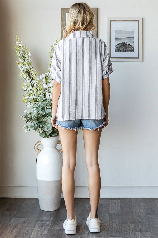 Stripe Button Down Cuff Short Sleeve Blouse