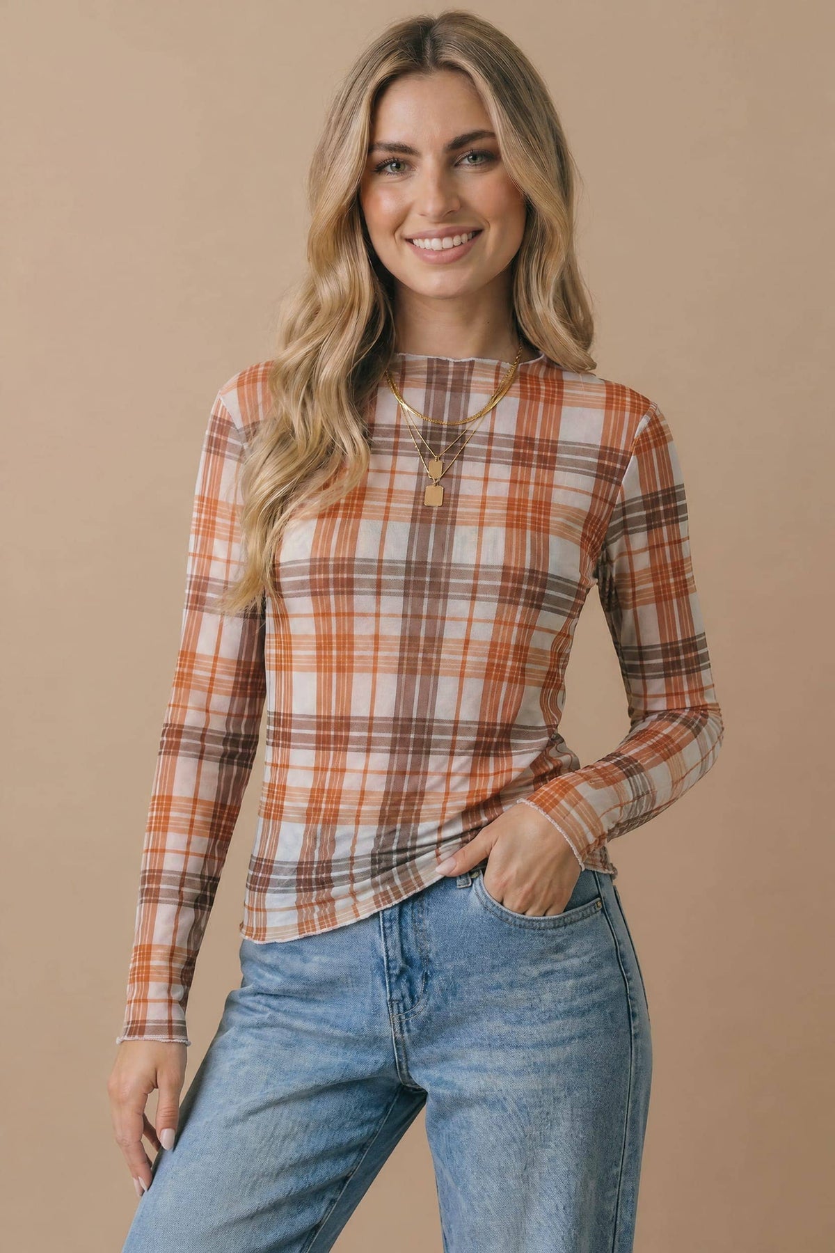 Haptics - Plus Plaid Mesh Semi Sheer Top