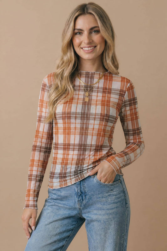 Haptics - Plus Plaid Mesh Semi Sheer Top