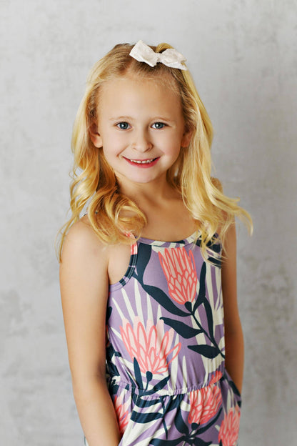 Kids Navy Lavender Floral Summer Jumpsuit With Pocket