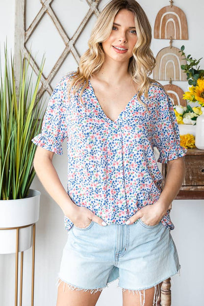 Tiny Flower Print V-Neck Ruffled Puff Sleeve Blouse T5051