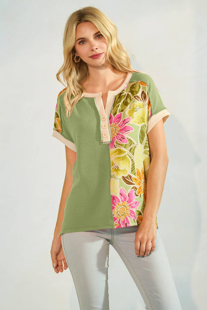 Floral Half Panel Button Short Sleeve Top T5963
