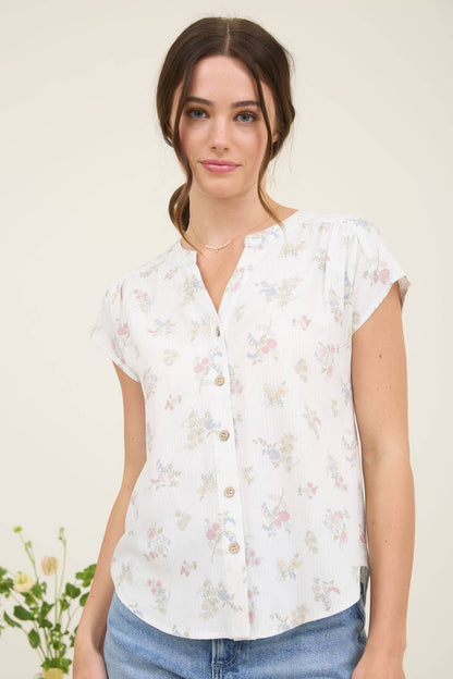 STRIPE FLORAL SHORT SLEEVE BUTTON DOWN TOP