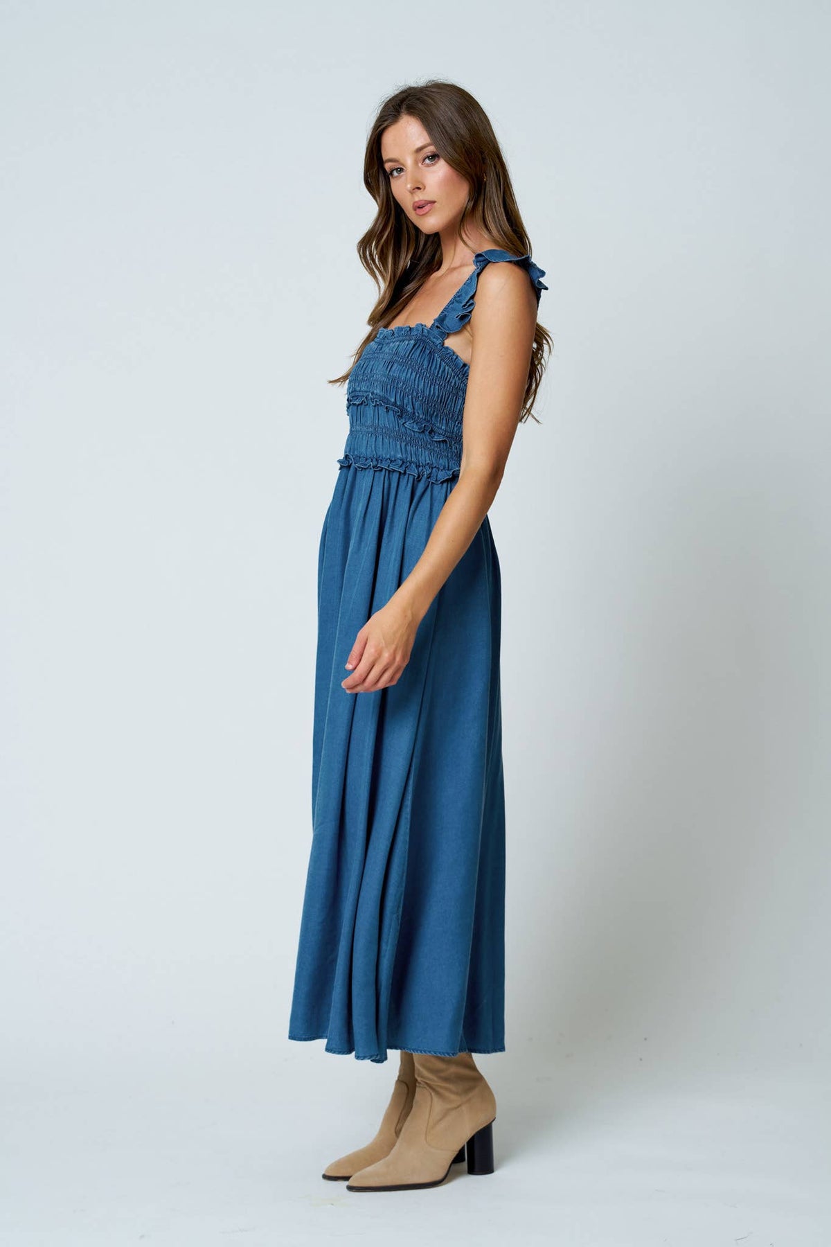 Blu Pepper - Smocked Ruffle Strap Denim Dress