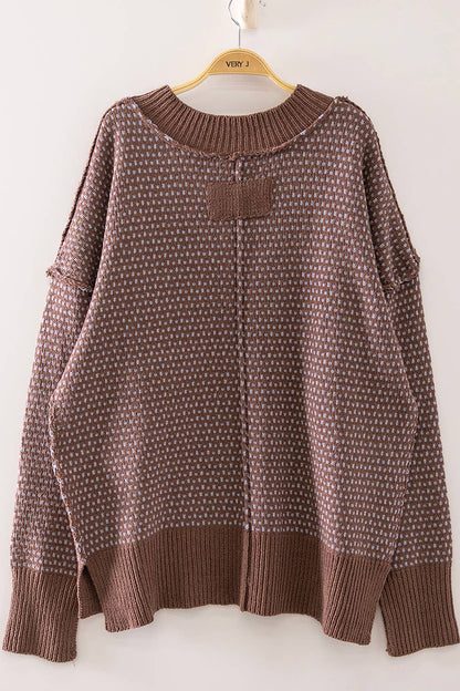 New Me - Contrast Stitch Reversible V-Neck Sweater - Brown