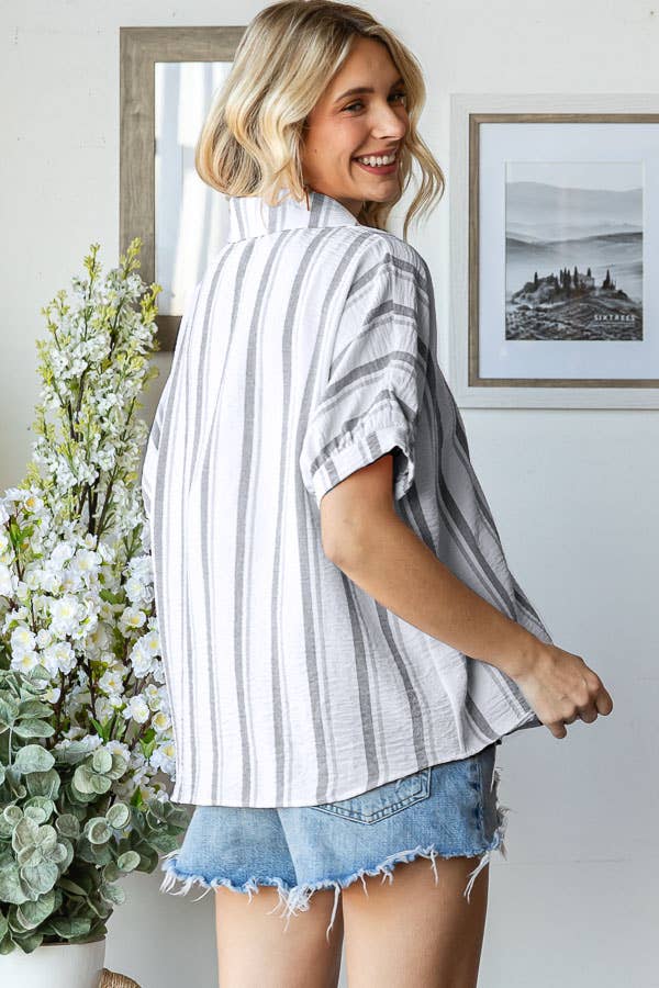 Stripe Button Down Cuff Short Sleeve Blouse