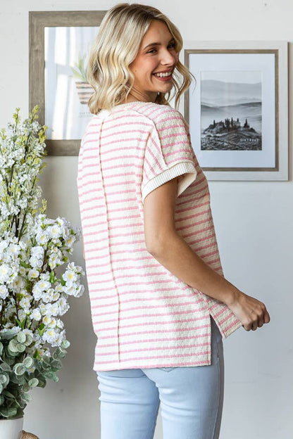 Pink Stripe Textured Short Sleeve Top