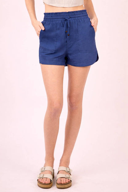 Blue Elastic Waist Solid Linen Shorts