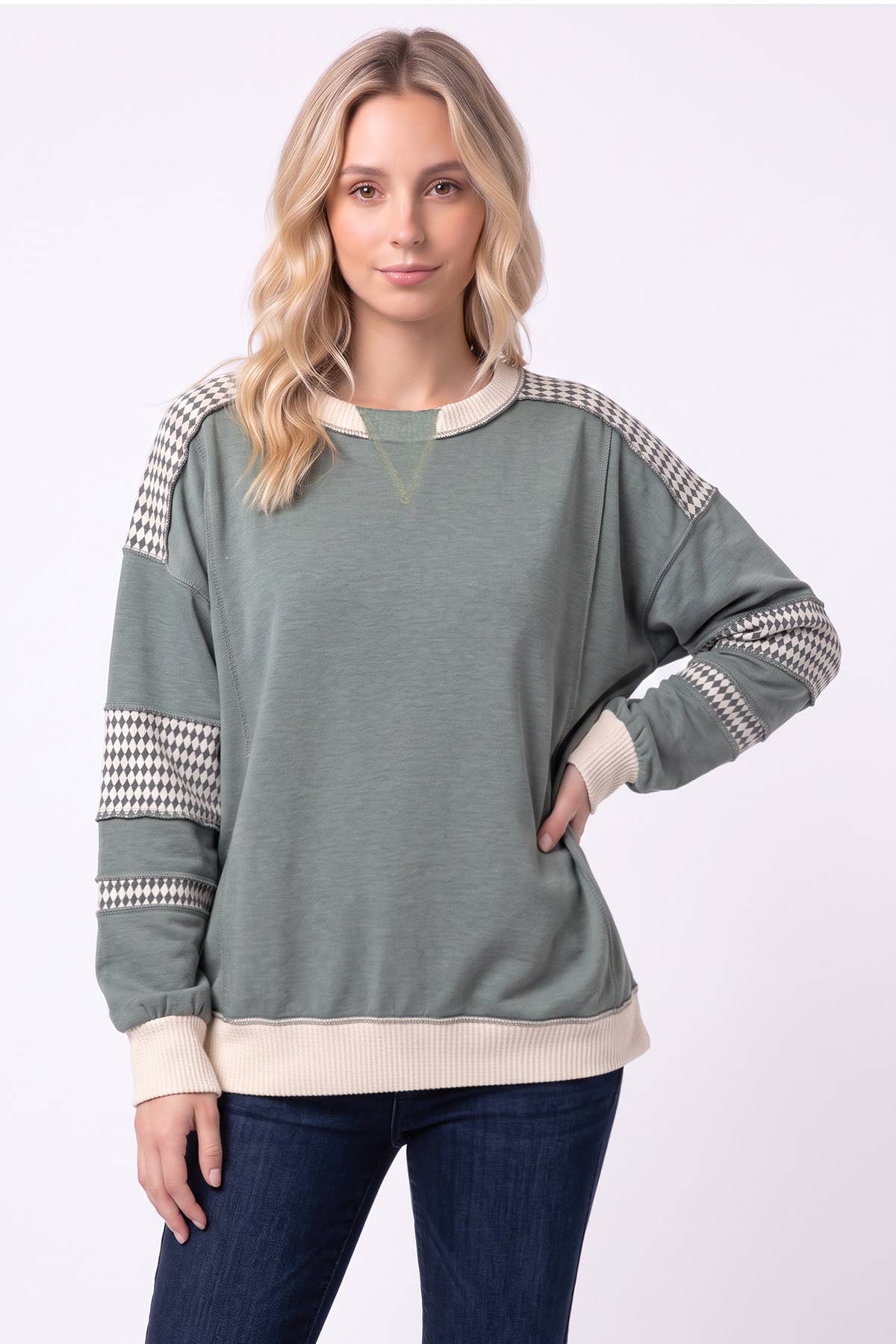 7th Ray - Color Block Houndstooth Contrast Sweatshirt