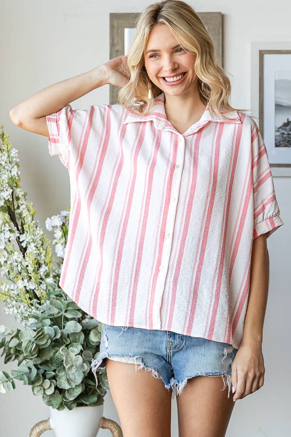 Stripe Button Down Cuff Short Sleeve Blouse