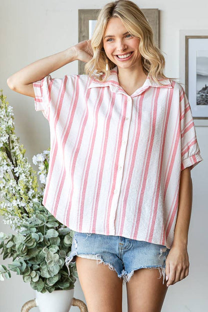 Stripe Button Down Cuff Short Sleeve Blouse
