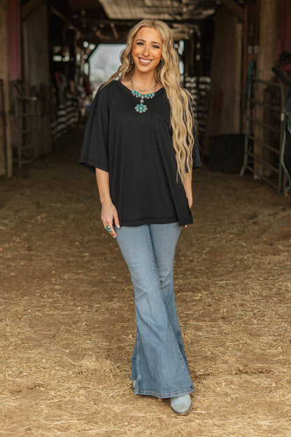 Ribbed Relaxed Boyfriend Shirt w/ Pocket Detail