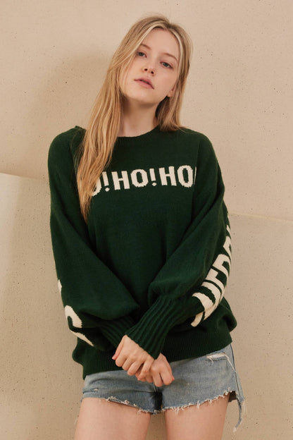 Mello - Oversized Christmas Sweater with Lettering - Green