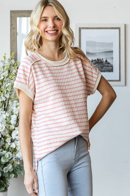 Pink Stripe Textured Short Sleeve Top