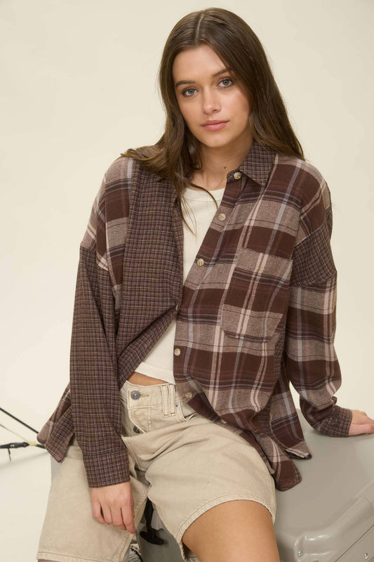 COLORBLOCK PLAID LONG SLEEVE BUTTON DOWN SHIRT