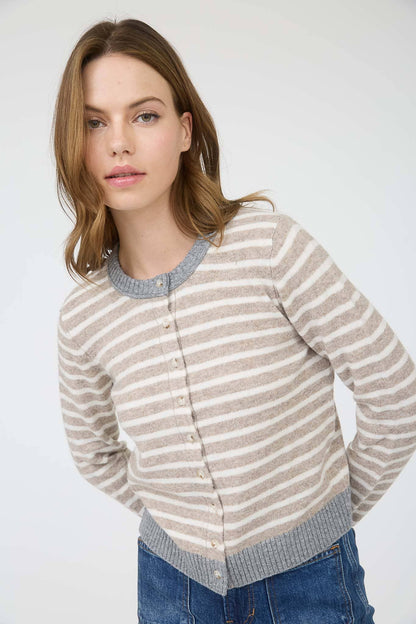 STRIPE COLORBLOCK TRIM BUTTON DOWN KNIT CARDIGAN