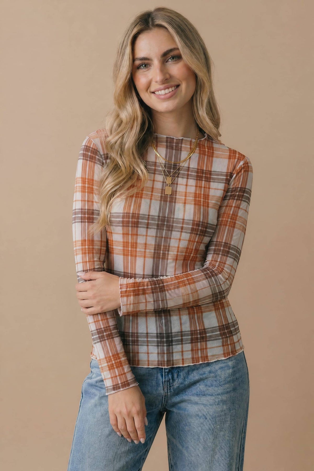 Haptics - Plus Plaid Mesh Semi Sheer Top