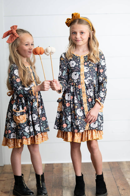 Girls Mustard Pumpkin Ruffle Pocket Button Tie Fall Dress