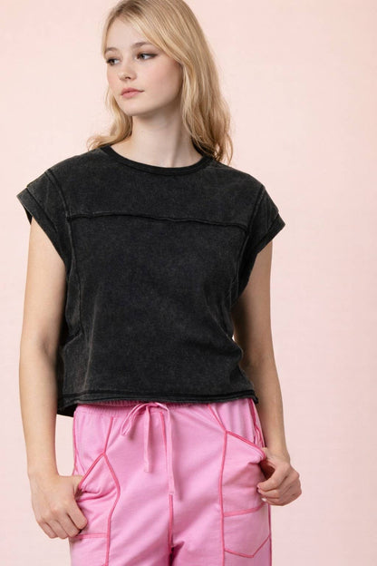 New Me - Mineral Washed Sleeveless Casual Knit Cropped Top - Black