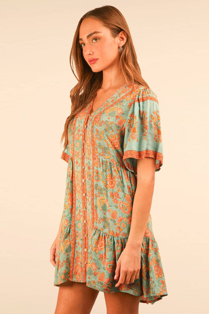 Shirring Detail Printed Woven Mini Dress