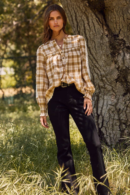 Lace& Plaid Combo Long Sleeve Blouse