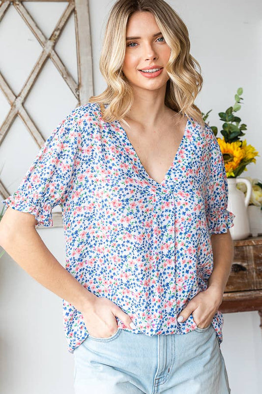 Tiny Flower Print V-Neck Ruffled Puff Sleeve Blouse T5051