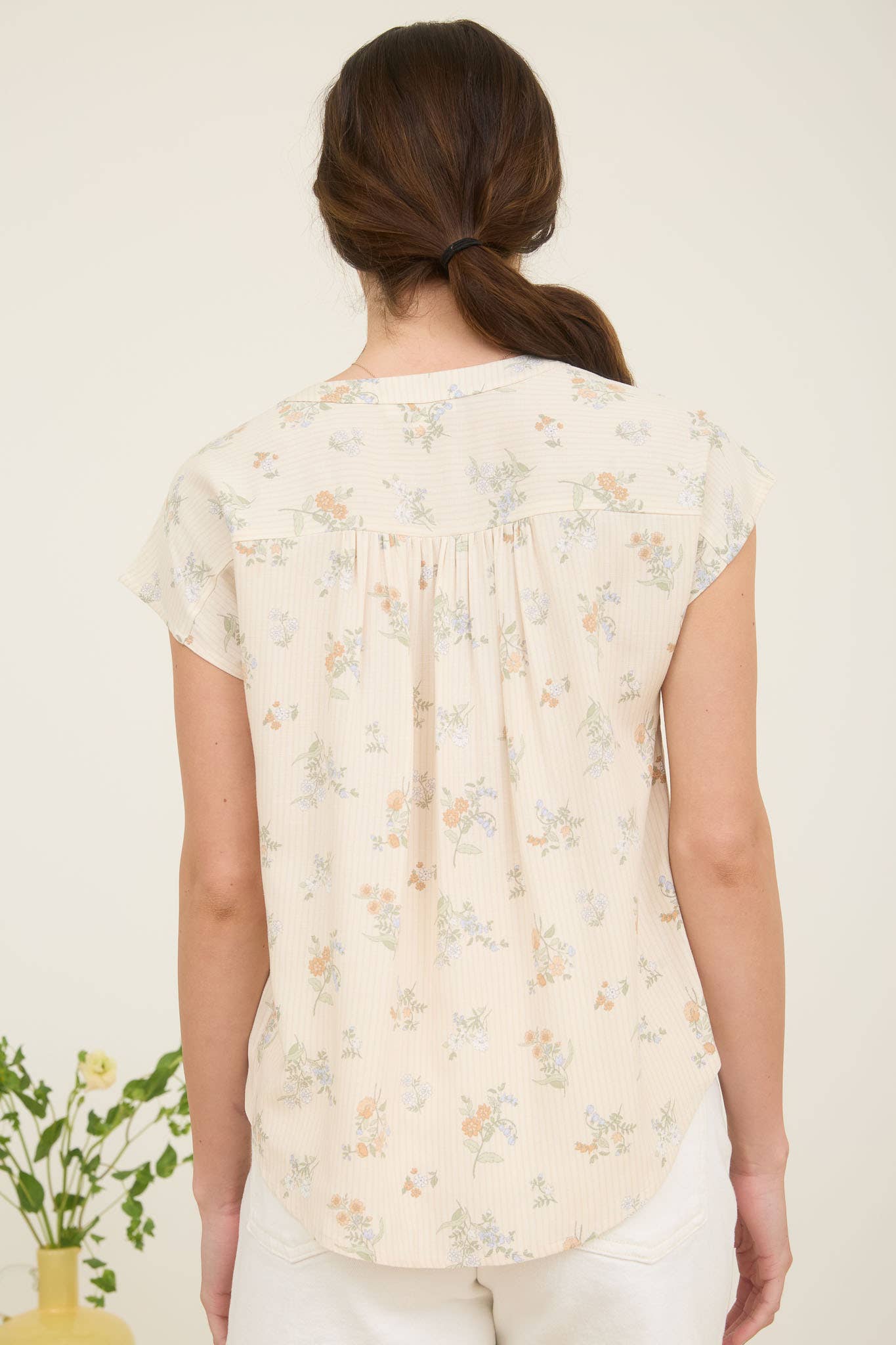 STRIPE FLORAL SHORT SLEEVE BUTTON DOWN TOP