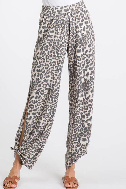 Leopard Print Lightweight Split Side Ankle Tie Pants P3377