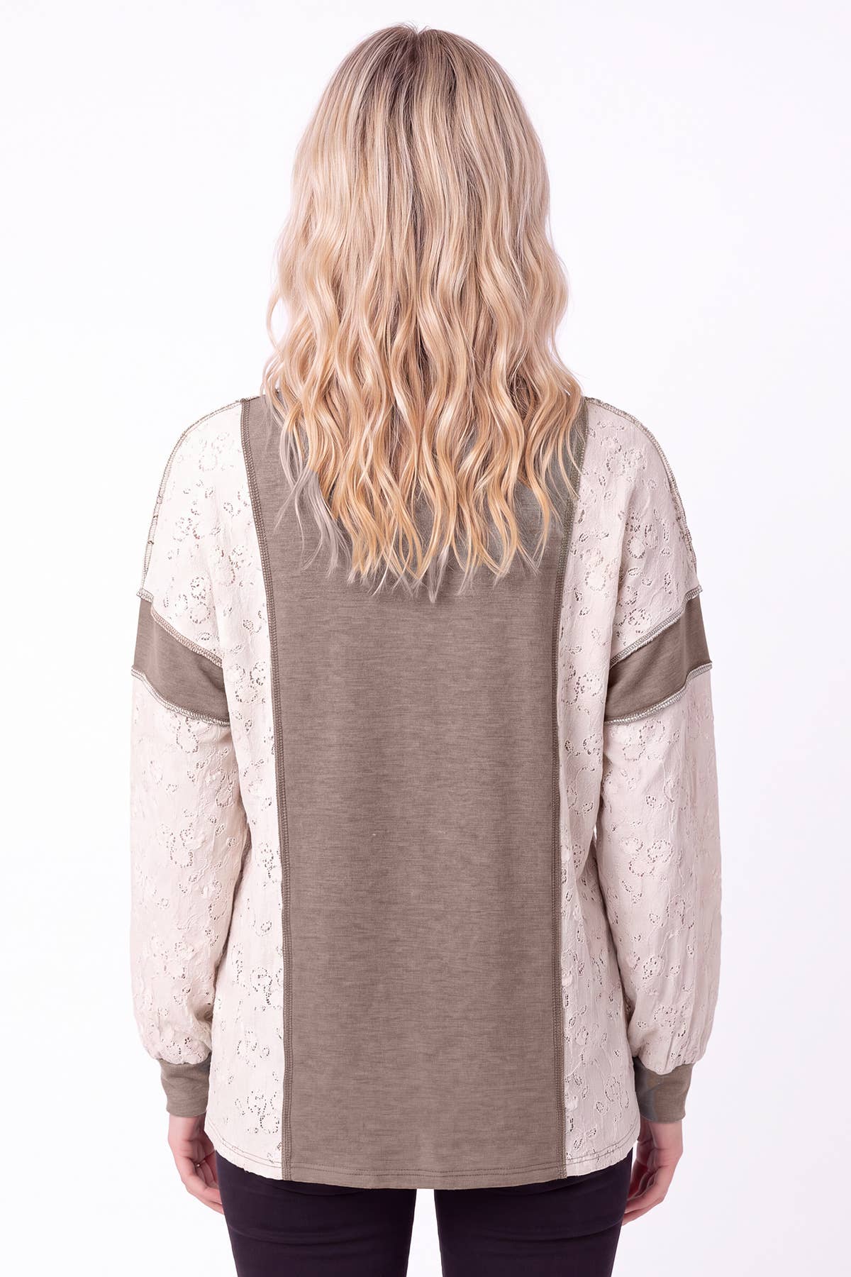 7th Ray - Lace Contrast Color Block Long Sleeve Top
