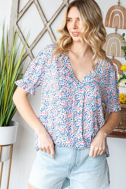 Tiny Flower Print V-Neck Ruffled Puff Sleeve Blouse T5051
