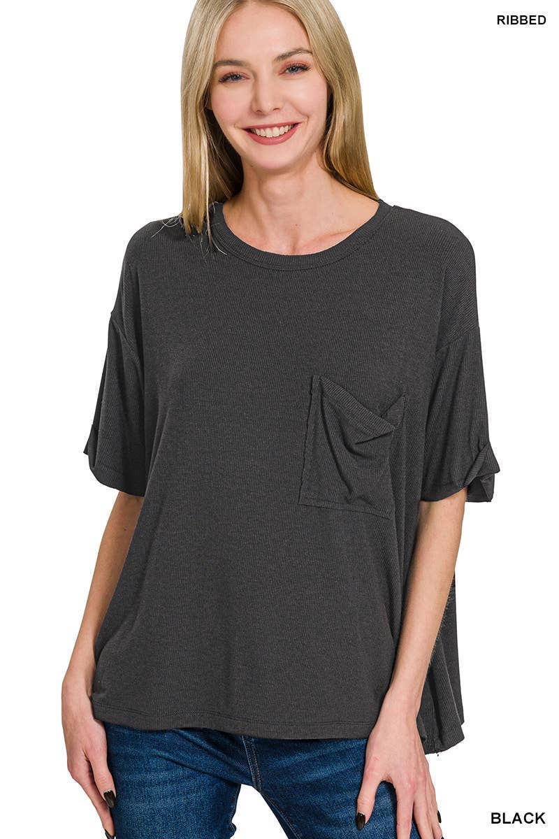 Zenana Black Oversized Ribbed Round Neck Short Sleeve Tee