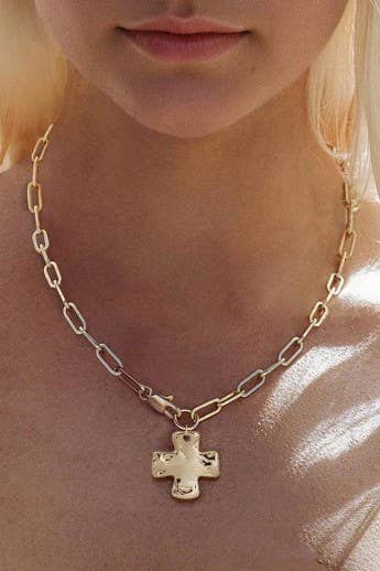 Hammered Cross Front Necklace - Silver Or Gold