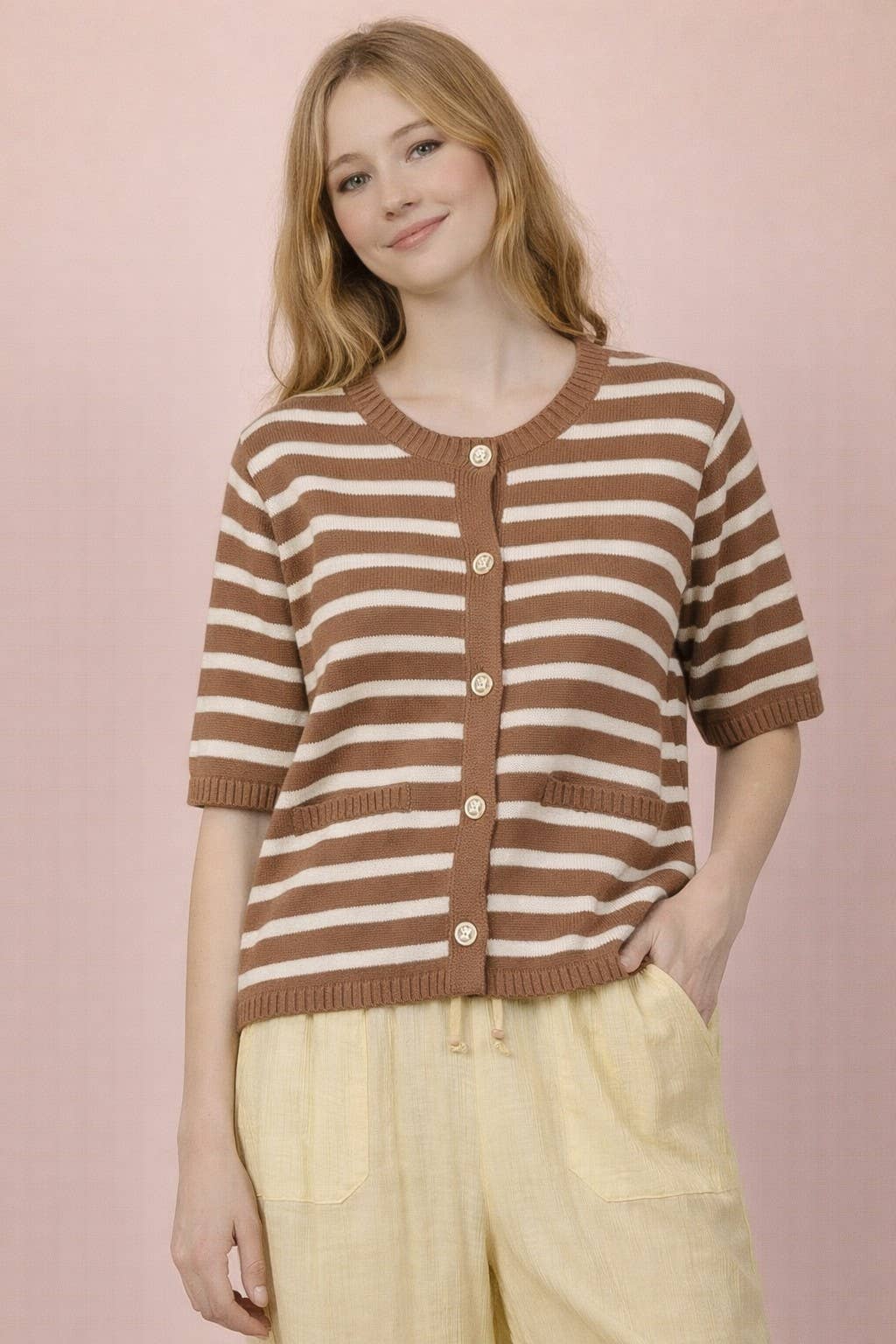 Stripe Button Down Knit Sweater Top - Taupe