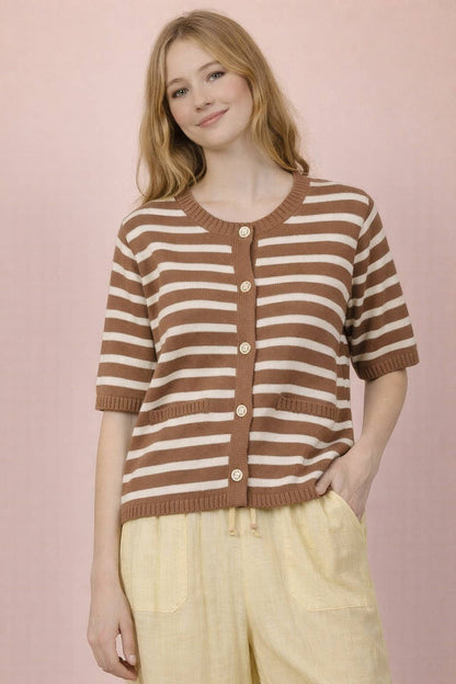 Stripe Button Down Knit Sweater Top - Taupe