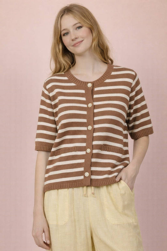 Stripe Button Down Knit Sweater Top - Taupe