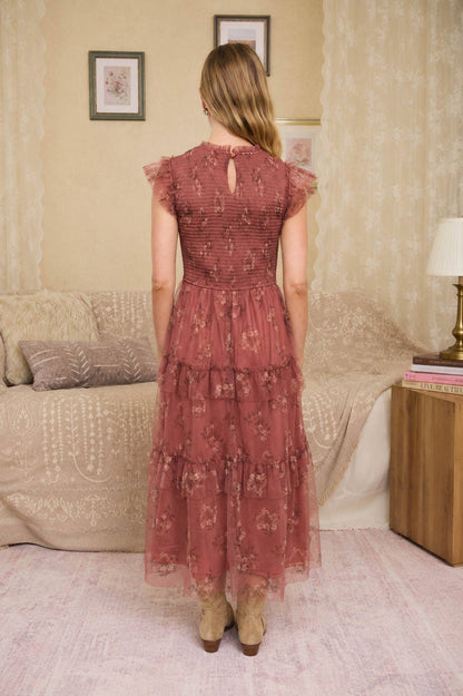 Blu Pepper - Smocked Ruffle Tiered Floral Midi Dress - Terracotta