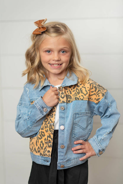 Kids Leopard Patch & Light Wash Denim Button Pocket Jacket