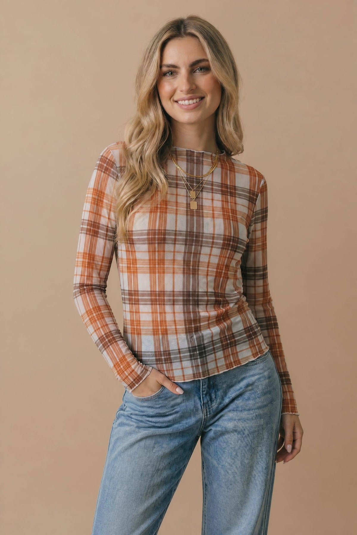 Haptics - Plus Plaid Mesh Semi Sheer Top