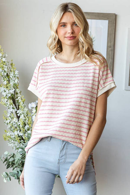 Pink Stripe Textured Short Sleeve Top