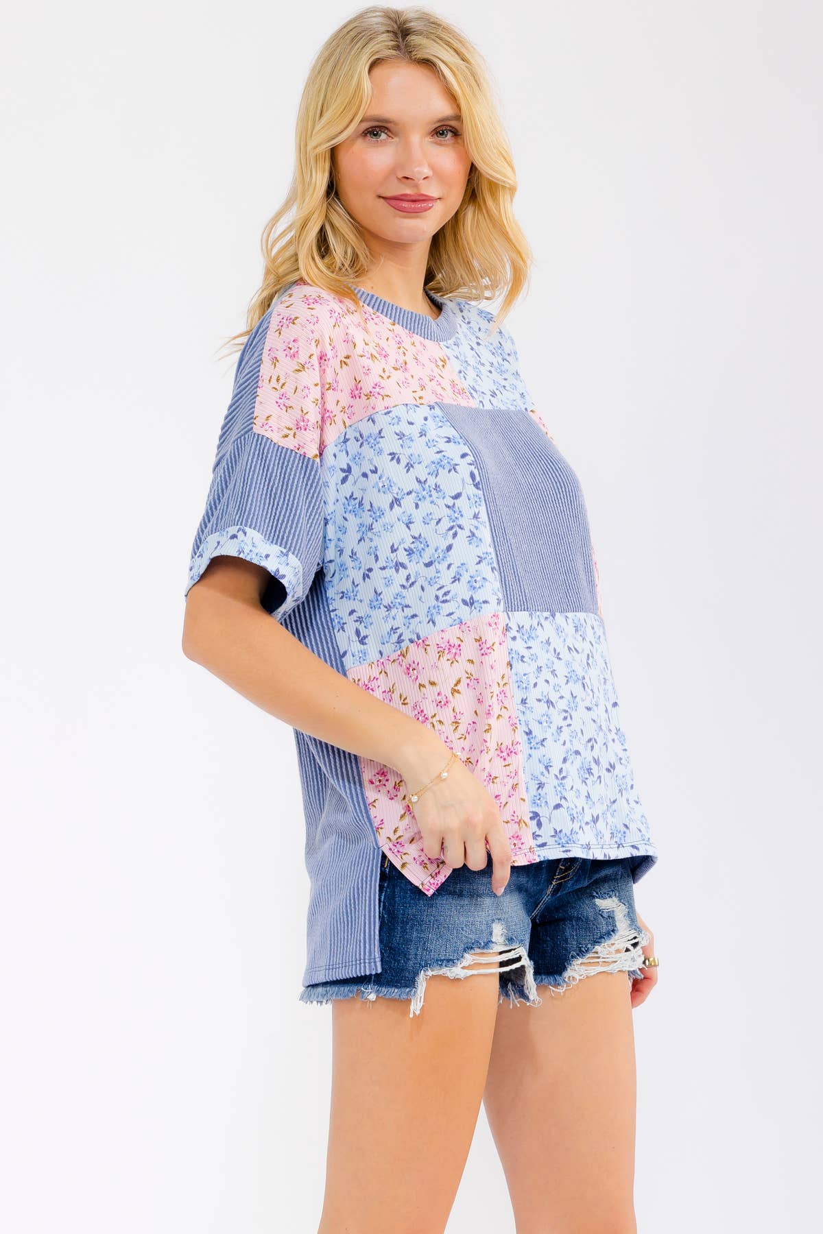 Floral Patchwork Short Sleeve Top Blue